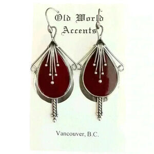 925 Sterling Silver Handmade Brown Red Stone Abstract Earrings